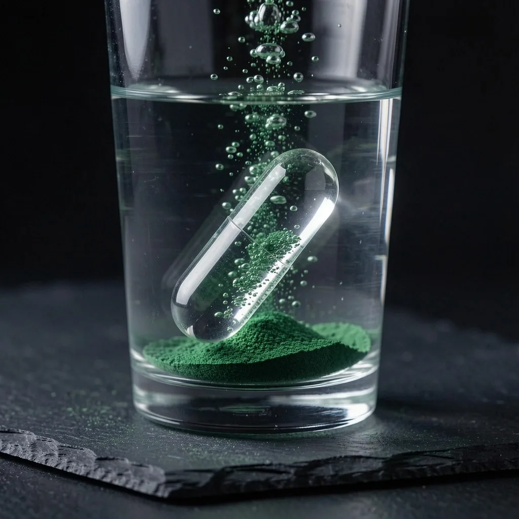 Capsule dissolving in water illustrating solubility