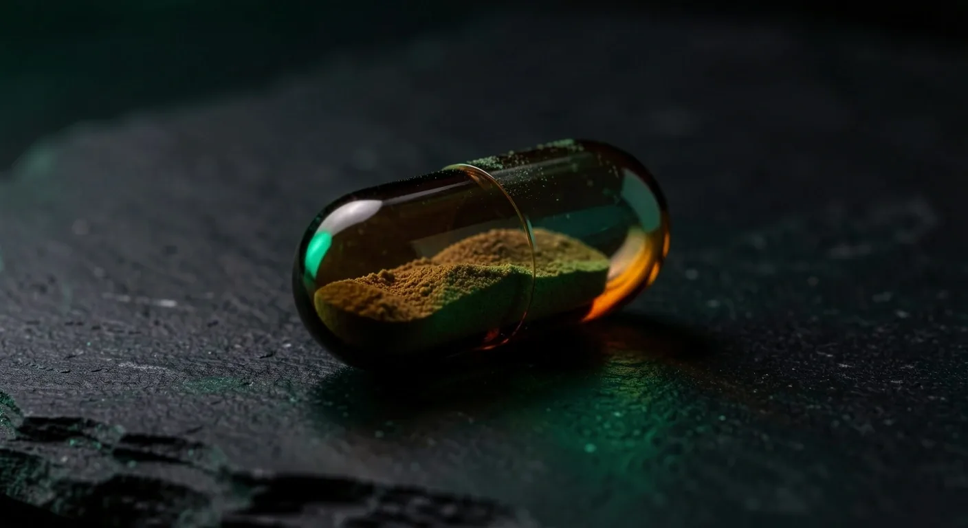 Macro view of a dark-tinted supplement capsule
